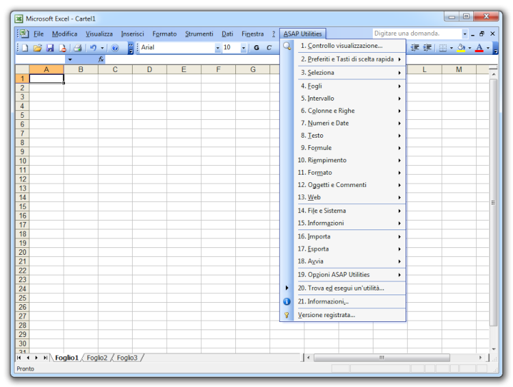 Excel 2003, 2002/XP o 2000 con ASAP Utilities nel menu